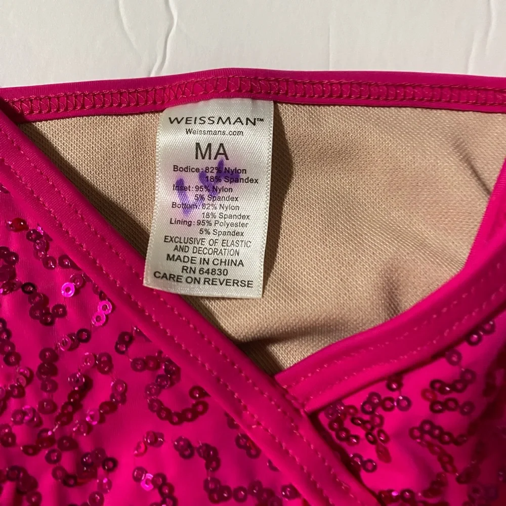 WEISSMAN elite Dance hot pink Costume SEQUIN AND FRINGE LEOTARD D10201 MA adult